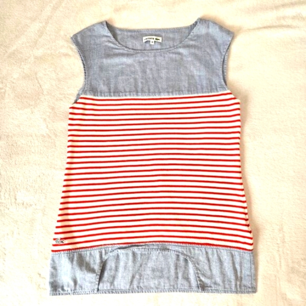 Lacoste Women’s Sleeveless Nautical Stripe Top Blue Chambray Red White Size 38